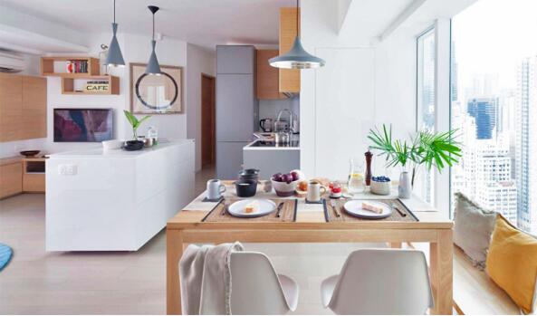 利用厨房中岛划定室内区域的现代风格的公寓设计
