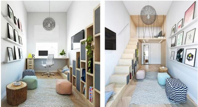 灰蓝色系的现代简约挑高室内空间设计